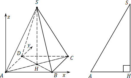 Пирамида SABCD и прямоугольный треугольник AHS